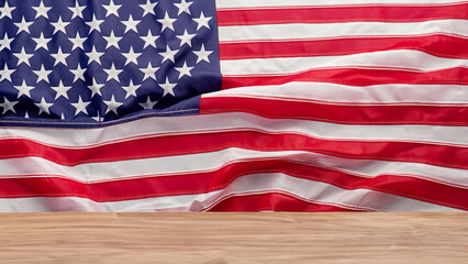 american flag curtain with a wooden table on labor day