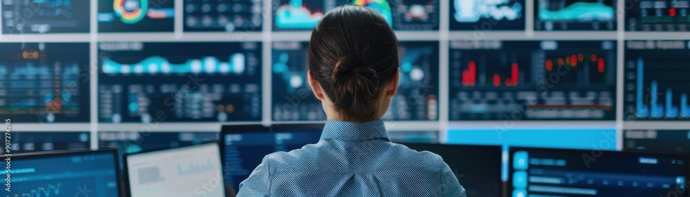 Poster a professional monitoring data analytics on multiple screens, showcasing advanced technology and ana