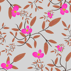 Pink flowers blooming on brown branches seamless pattern on gray background