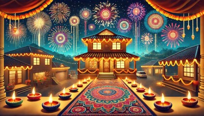 Festive Diwali Celebration with Fireworks and Diya Lights in Front of Decorated House.