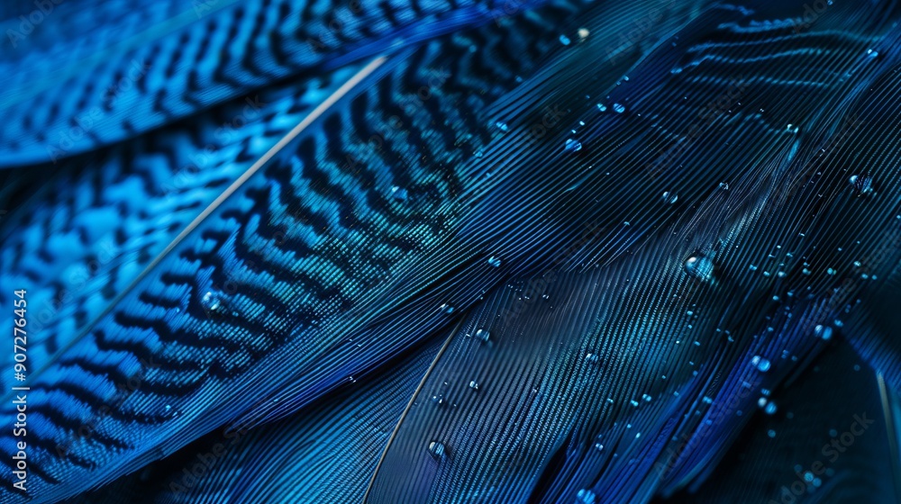 Poster beautiful background with a fascinating macro shot of a bright large bird's feather in the smallest 
