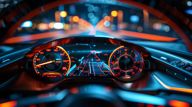 Interior view of electric car speedometer dashboard with holographic digital wireframe