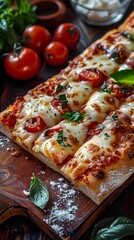 Freshly baked pizza with tomatoes and basil on a wooden board.