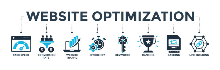 Website optimization banner web icon with icon of page speed, conversion rate, website traffic, efficiency, keywords, ranking, caching, and link building. Vector illustration 