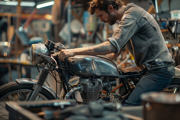 Mechanic working on motorbike in repair shop