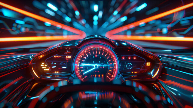 Interior view of electric car speedometer dashboard with holographic digital wireframe