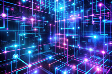 Neon Glowing Grid Network Connection Lines with Data Transfer