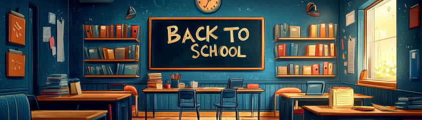 A vibrant classroom scene ready for the new school year, featuring books, desks, and a cheerful back-to-school message.