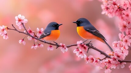 Fototapeta premium Two Birds Perched on a Cherry Blossom Branch