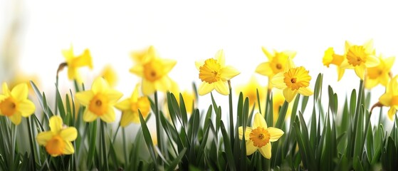 Obraz premium Bright yellow daffodils in full bloom against a white background. Perfect for spring-themed designs and nature-inspired projects.