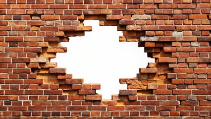 broken red brick wall with hole on transparent background. white background. cut out.