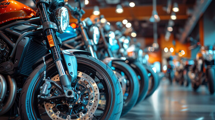 Fototapeta premium Row of motorbikes in showroom with blurry background