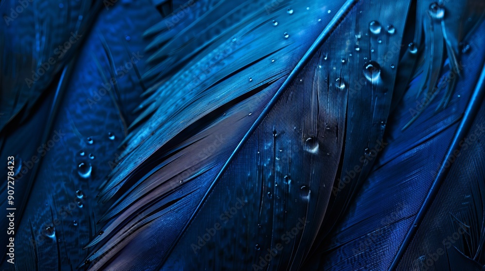 Poster beautiful background with a fascinating macro shot of a bright large bird's feather in the smallest 