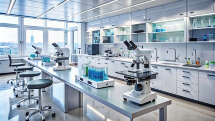 Modern medical laboratory equipment including microscopes, centrifuges, and petri dishes with various medications and biological samples for researchers to analyze and experiment.