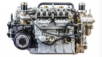 Four stroke diesel engine, v6 engine, high pressure common rail fuel system with filter element, white background.