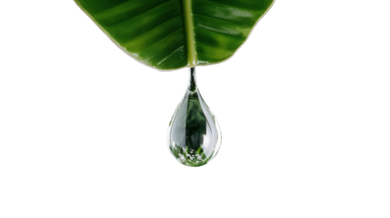 A droplet of water hanging from a leaf on transparent background