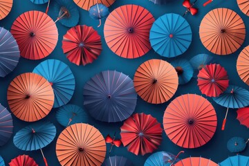 Naklejka premium Colorful umbrellas stacked on a blue background, perfect for illustration or design
