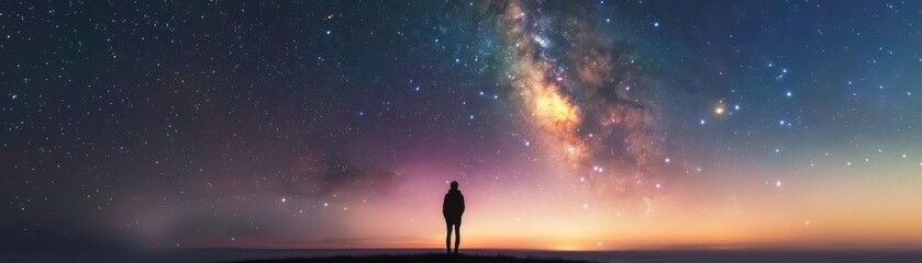 Obraz premium A solitary figure gazes at a stunning night sky filled with stars and a vibrant Milky Way, invoking feelings of wonder and exploration.