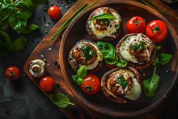 Fototapeta premium Delicious stuffed mushrooms topped with melting cheese and fresh basil.