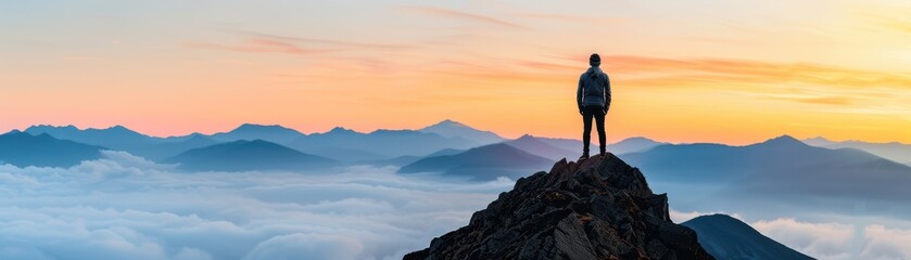 Obraz premium A solitary figure standing on a mountain peak during a stunning sunset, surrounded by a sea of clouds and distant mountains.