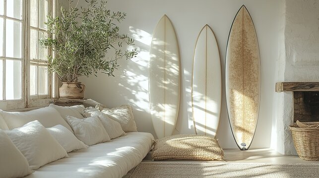 Three Surfboards Leaning Against a White Wall in a Coastal Living Room
