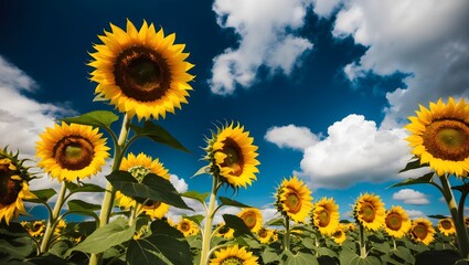 Obraz premium Sunflower field. Close up of sunflower on farm. Rural landscape.