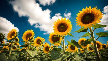 Fototapeta premium Sunflower field. Close up of sunflower on farm. Rural landscape.