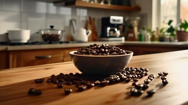 Bowl of Coffee Beans on Wooden Table