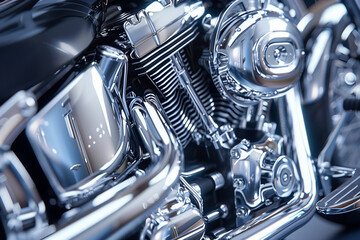 Fototapeta premium Close-up of a chrome motorcycle engine with complex mechanics