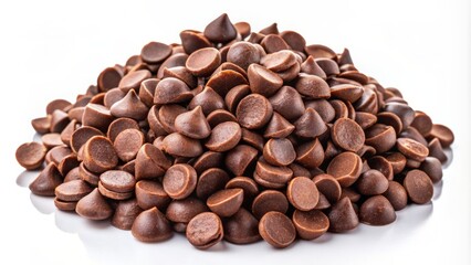 Fototapeta premium Warm and inviting heap of rich brown chocolate chips scattered randomly on a clean white background, tempting sweet treats and baking possibilities.