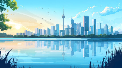 Fototapeta premium minimalist illustration of a modern city skyline with gorgeous reflection in calm lake