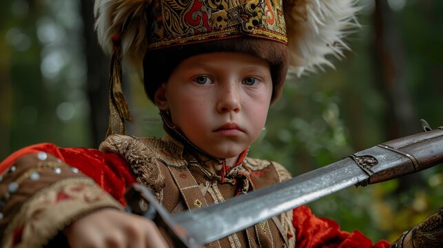 Proud Russian Child in Authentic Cossack Attire Wielding Sabre in Historic Setting
