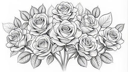 Delicate black outline surrounds a stunning, lush, and vibrant bunch of roses with petals gently unfolding, against a pure white background, exuding elegance and serenity.