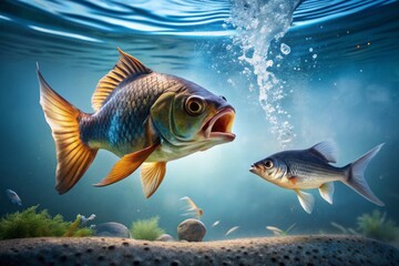 Naklejka premium Small fish leaps out of aquarium and falls into the open mouth of a lurking predator fish, a dramatic and intense underwater moment captured.