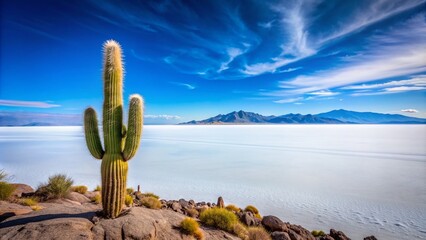towering giant cactus stands alone on Incahuasi island amidst vast white expanses of Salar de Uyuni salt flat under a brilliant blue Bolivian sky.