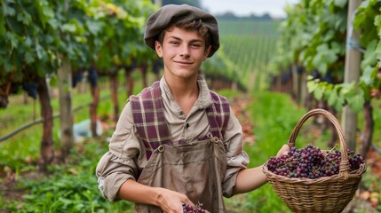Young French Winemaker with Grapes in Vineyard Setting