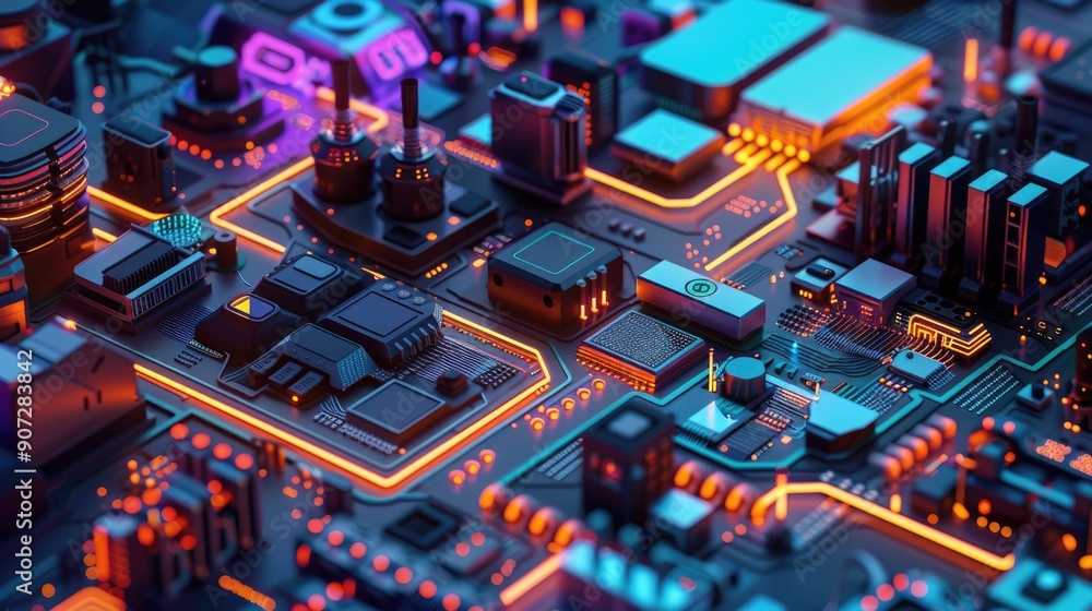 Poster abstract futuristic circuit board with glowing lines