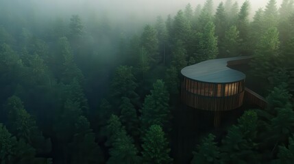 Hightech pine forest retreat, intricate bark designs, breathtaking scenery, lush plant life, travelers equipped with innovative gear