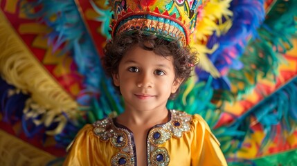 Smiling Brazilian Child in Colorful Carnaval Costume with Vibrant Feathers Against Festive Backdrop