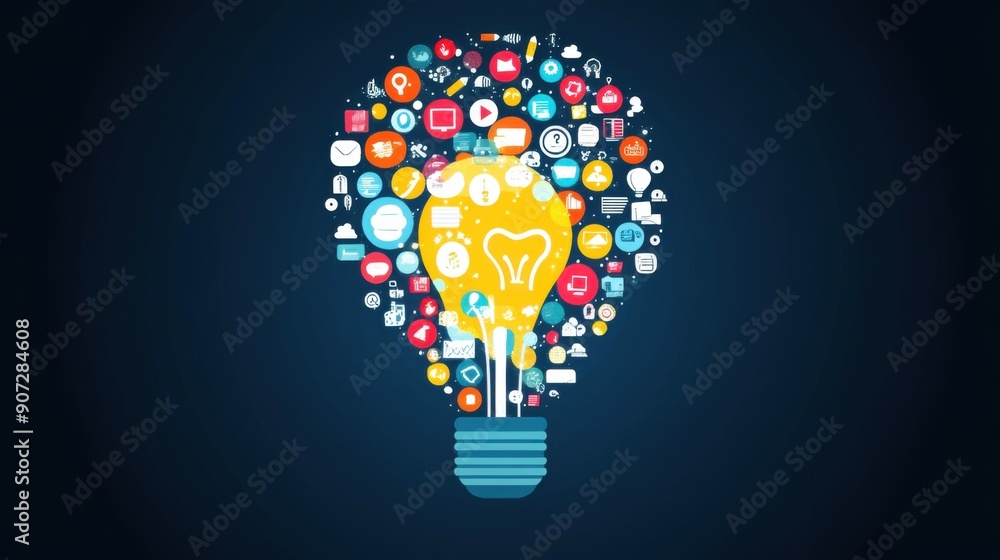 Poster illuminating creativity: abstract light bulb with creative icons on solid background