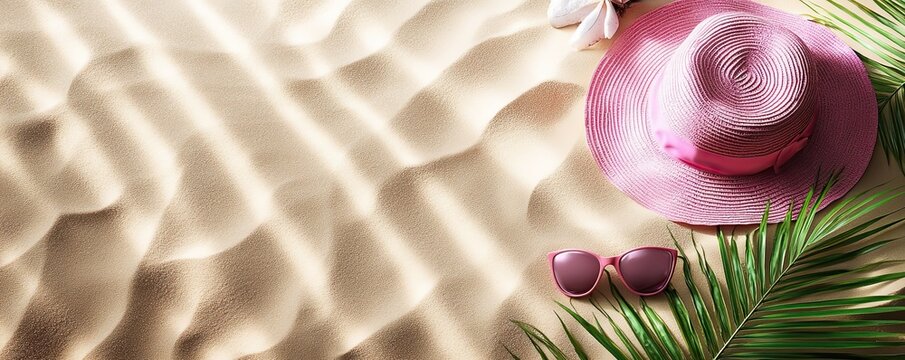 sand beach background banner design with summer pink hat, sunglasses, coconut leaf and empty space for text