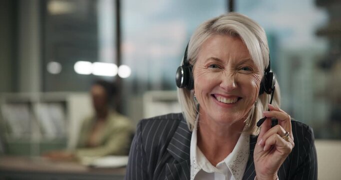 Portrait, mature woman and smile at call center for customer or client with technical support. Office, crm and advisor or consultant on online or happy with advice, career opportunity and growth