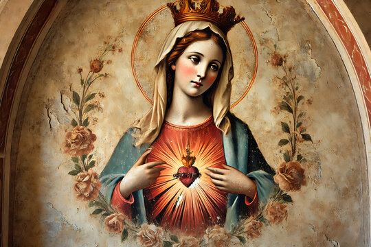 Virgem Maria, imagem envelhecida, imagem antiga, sagrado cora&ccedil;&atilde;o de Maria, Imaculado cora&ccedil;&atilde;o de Maria - Immaculate Heart of Mary