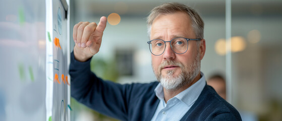 Professional man with glasses and beard points to information on a whiteboard during a presentation. Image captures a corporate environment focused on data analysis and strategic planning.