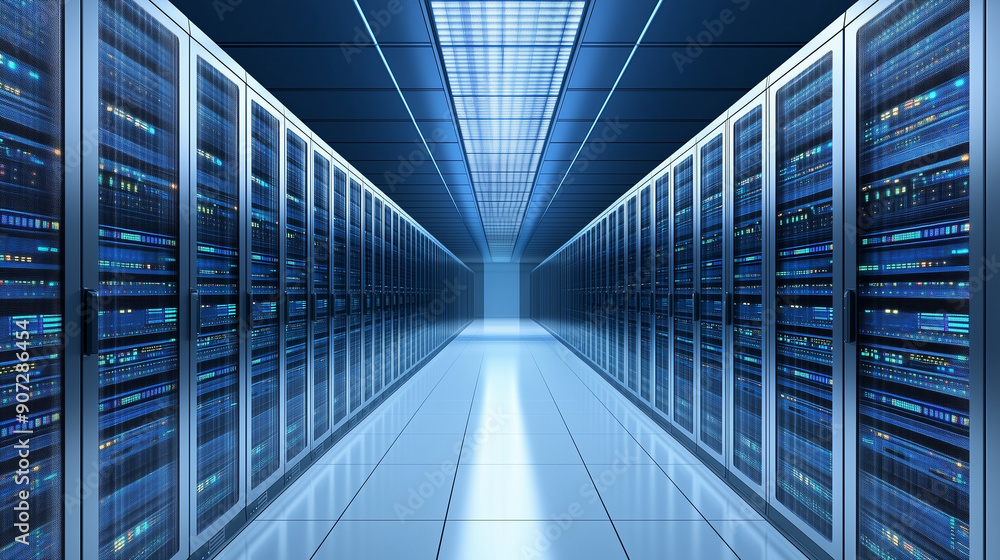 Poster an advanced data center illuminated with blue lighting, highlighting rows of server racks that house