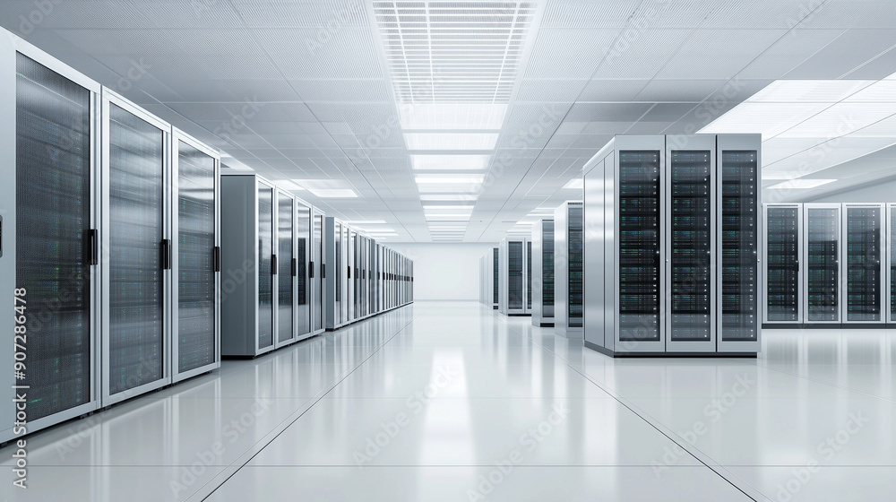 Poster a spacious and modern data center filled with rows of server racks, showcasing advanced technology a