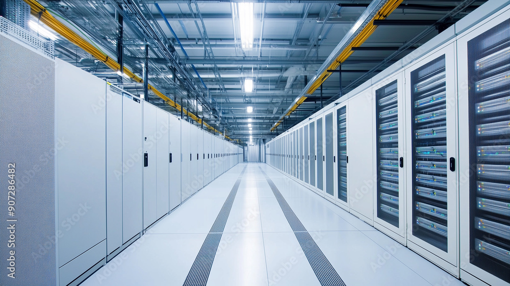 Poster the interior of a high-tech data center with rows of server racks, sophisticated cabling, and advanc