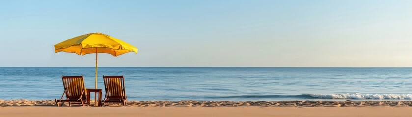 A tranquil beach scene featuring a yellow umbrella and chairs by the calm sea, perfect for relaxation and summer vibes.
