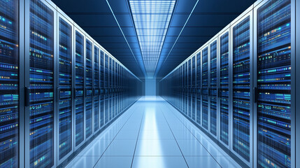 An advanced data center illuminated with blue lighting, highlighting rows of server racks that house cutting-edge computing and data storage technology.