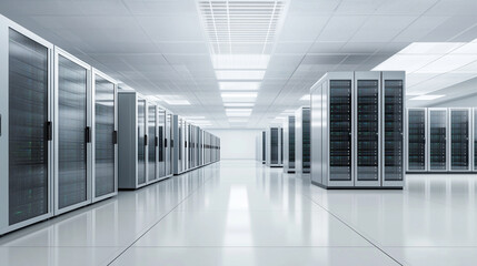 A spacious and modern data center filled with rows of server racks, showcasing advanced technology and infrastructure designed for optimal data storage and management.